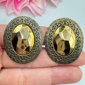 Vintage Statement Greek Key Metallic Faceted Mirrored Big Oval Clip On Earrings